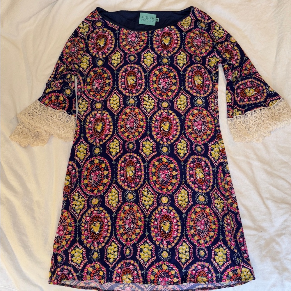 Judith March Navy and Pink Patterned Dress with Crocheted Sleeves